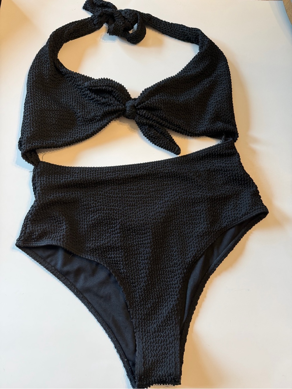 Black Textured One-Piece Halter Swimsuit